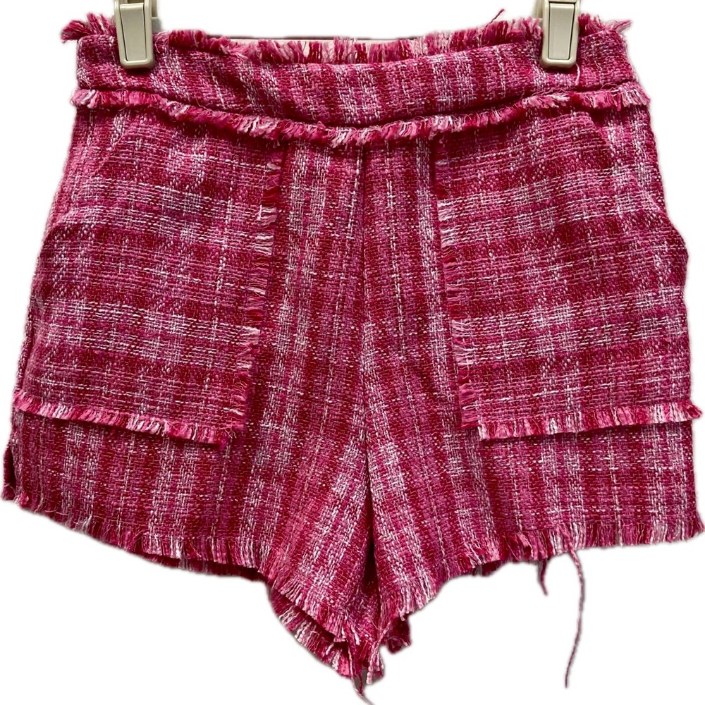 TOSKA BRIGHT PINK TWEED STYLE SIDE ZIP FRAYED HEM SHORTS